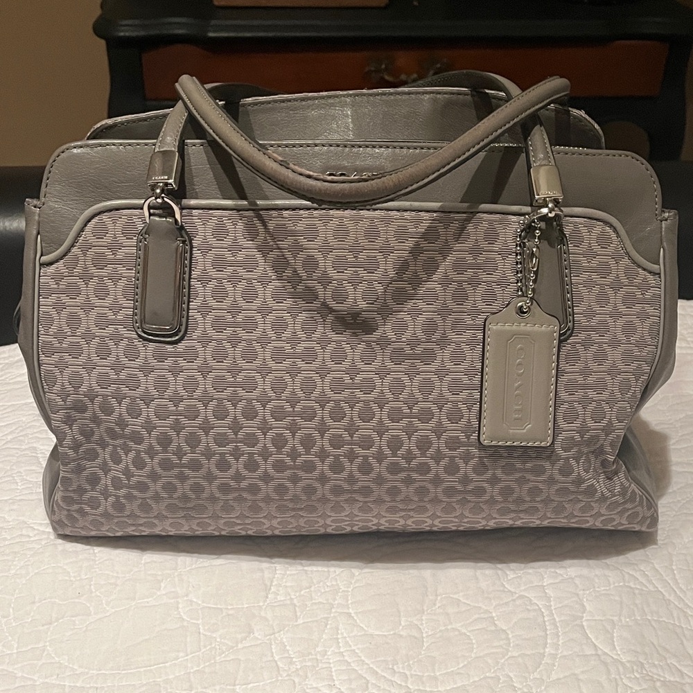 Coach Gray Needlepoint Madison Signature Satchel